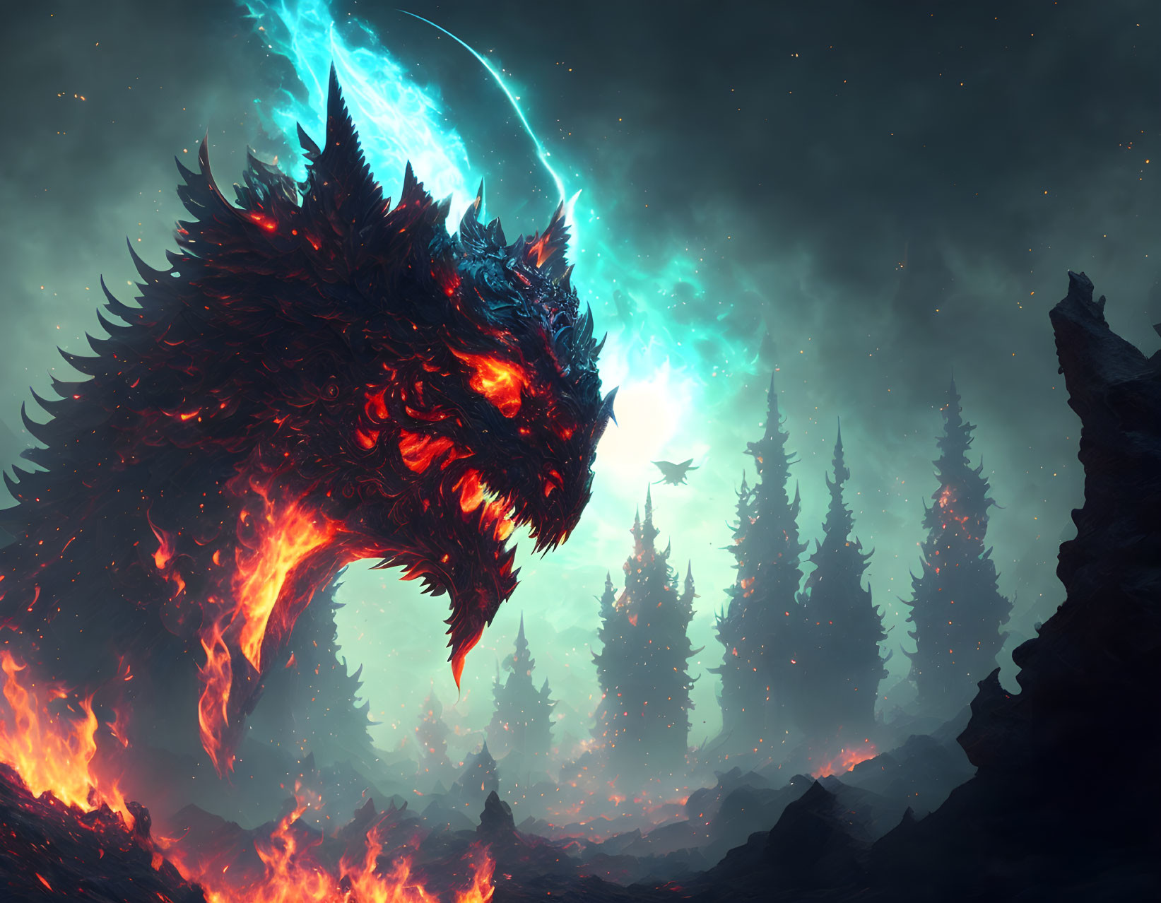 Mystical forest scene with fiery dragon under starry sky