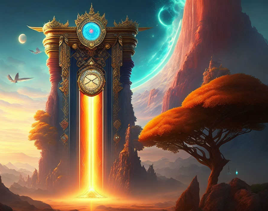 Majestic clock portal in fantastical landscape with moons and giant planet