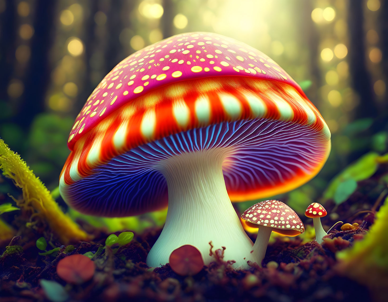 Vibrant red mushroom with white spots in mossy forest setting