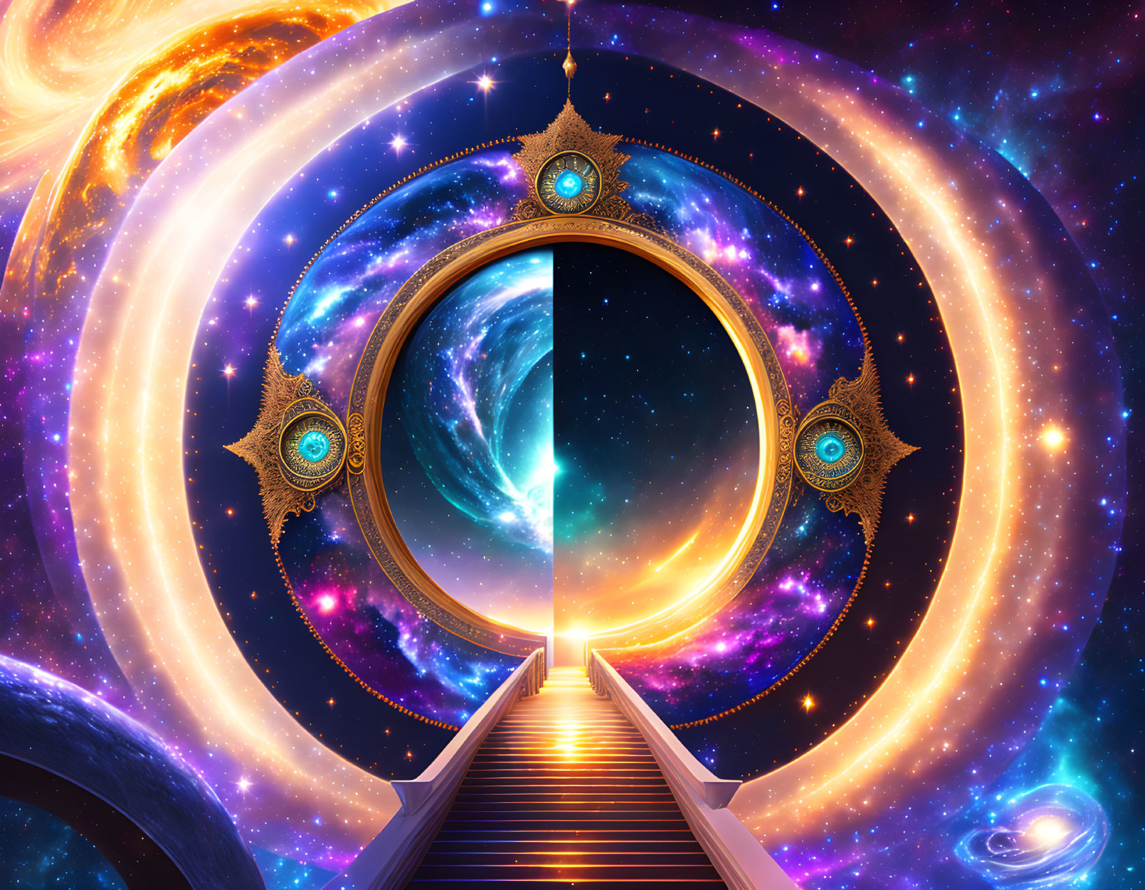 Cosmic digital art: Celestial staircase and swirling portal in star-studded scene