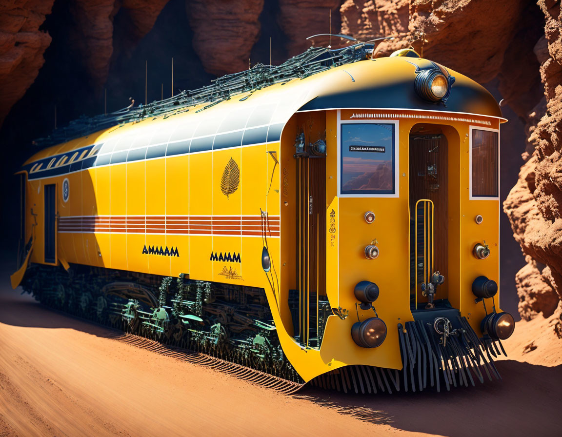 Sleek futuristic yellow train on sandy terrain with rocky canyon backdrop