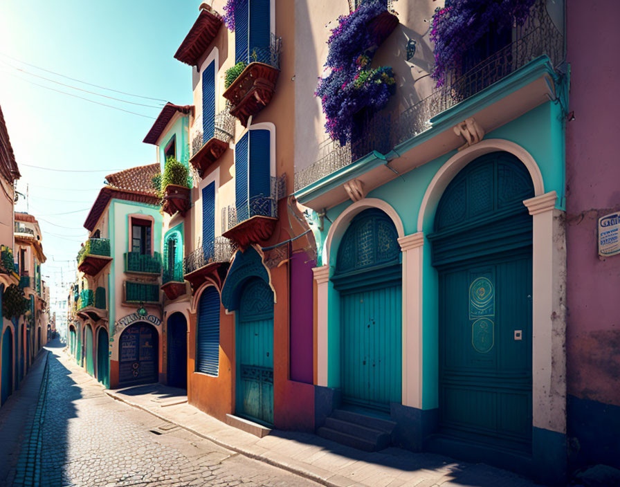 Vibrant buildings on colorful street under clear blue sky