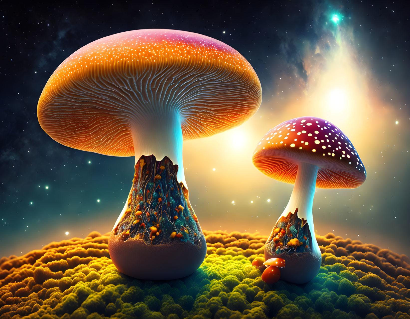 Vibrant large mushrooms on mossy ground under starry sky glow