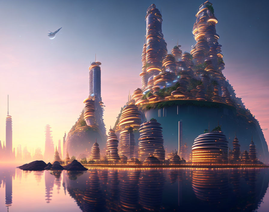 Futuristic cityscape with spiraled skyscrapers, water body, and aircraft at dusk