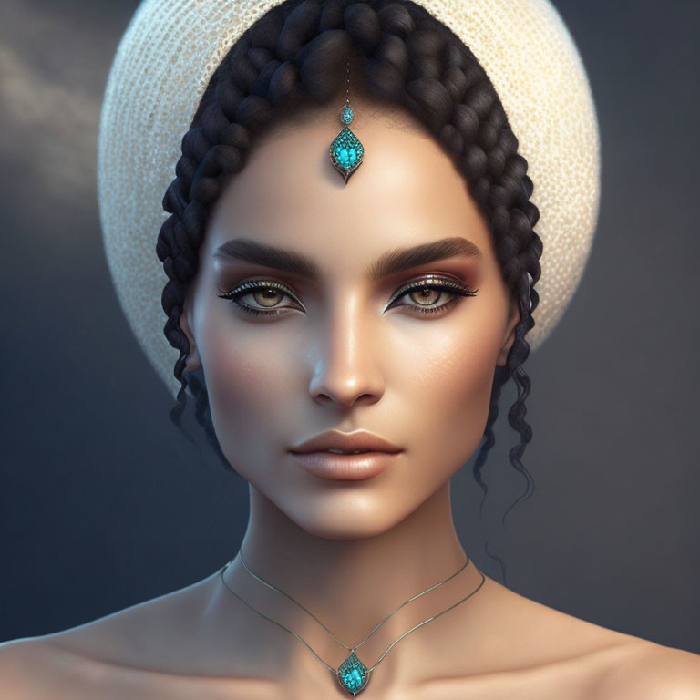 Woman with Braided Hair and Hat: Portrait with Pendant, Subtle Makeup, and Dark Eyes on