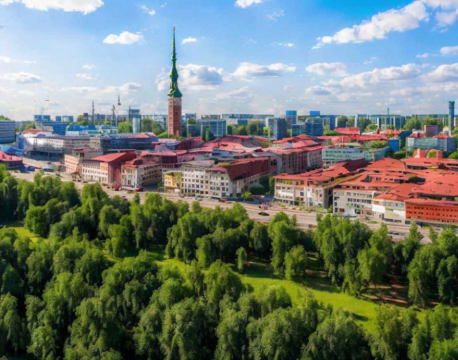 Cityscape featuring historic and modern buildings, greenery, and prominent spire.