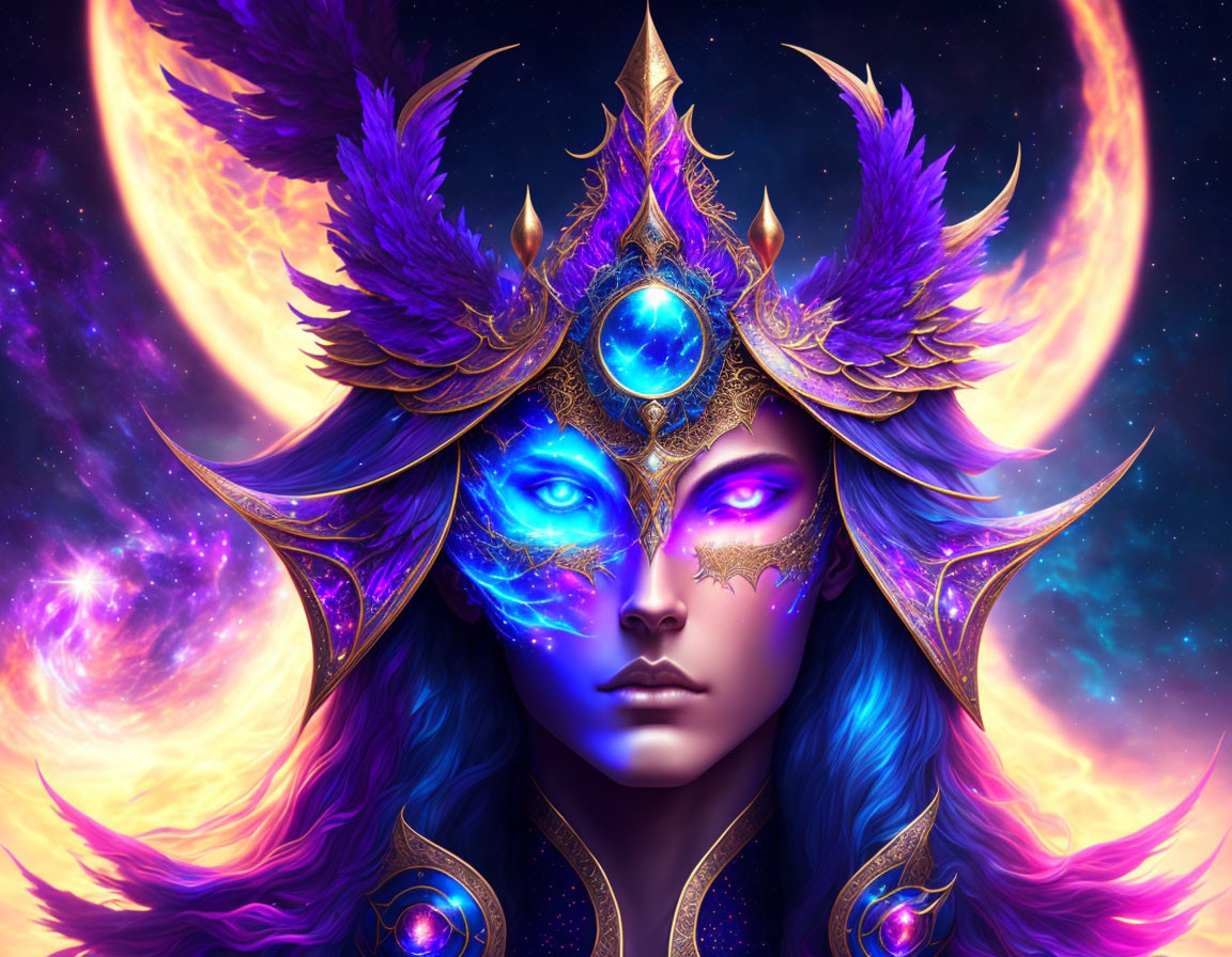 Blue-skinned woman with purple hair in golden crown against cosmic backdrop