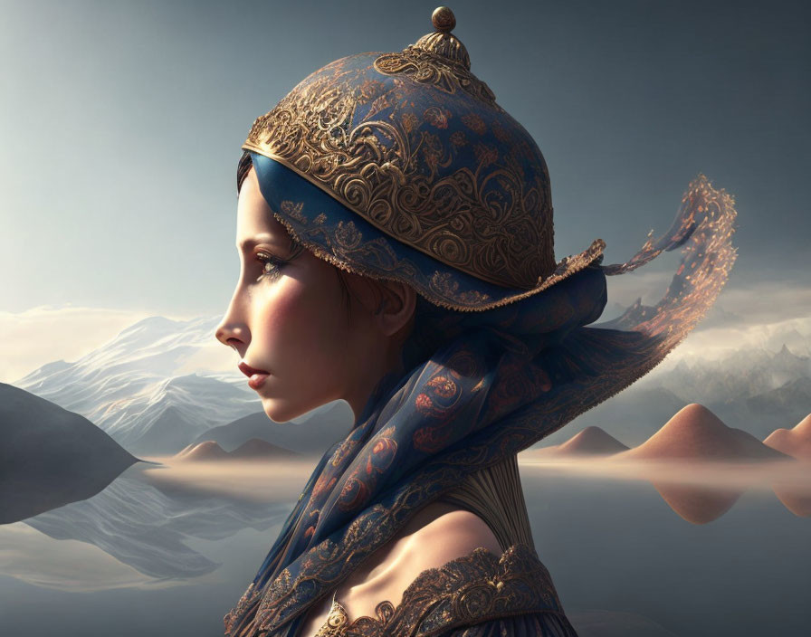 Digital artwork featuring woman with ornate headdress in desert landscape