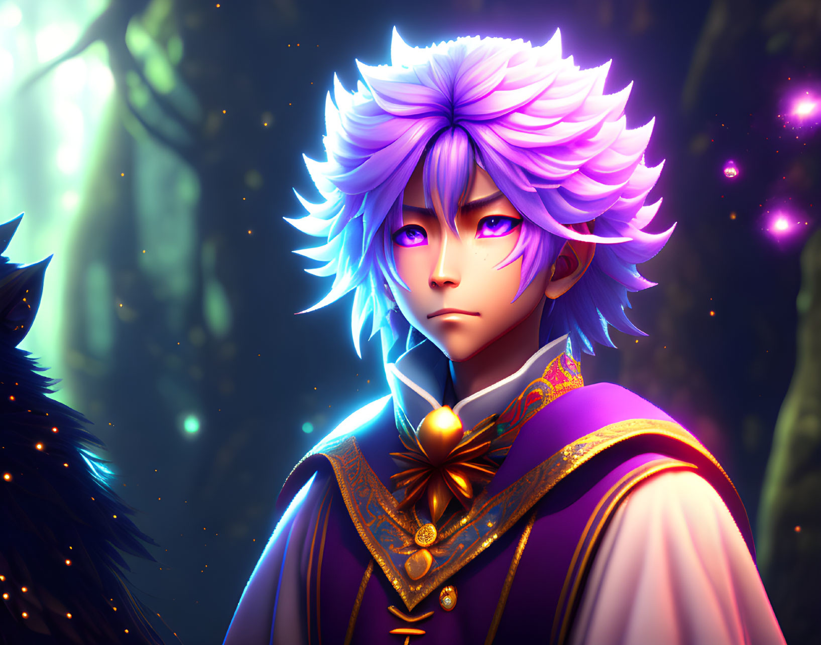 Purple Spiky-Haired 3D Animated Character in Forest Setting