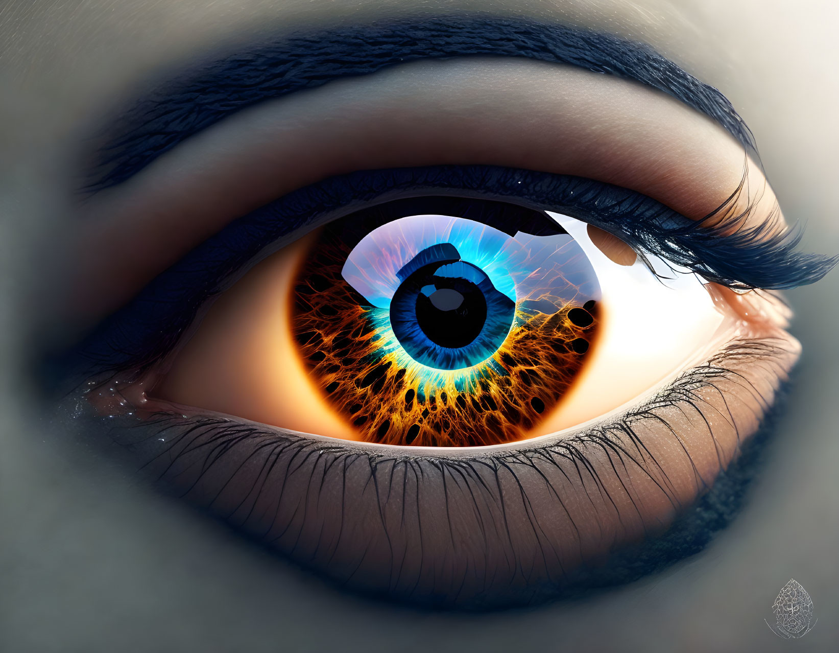 Detailed Hyper-Realistic Eye with Blue-Orange Iris and Landscape Reflection