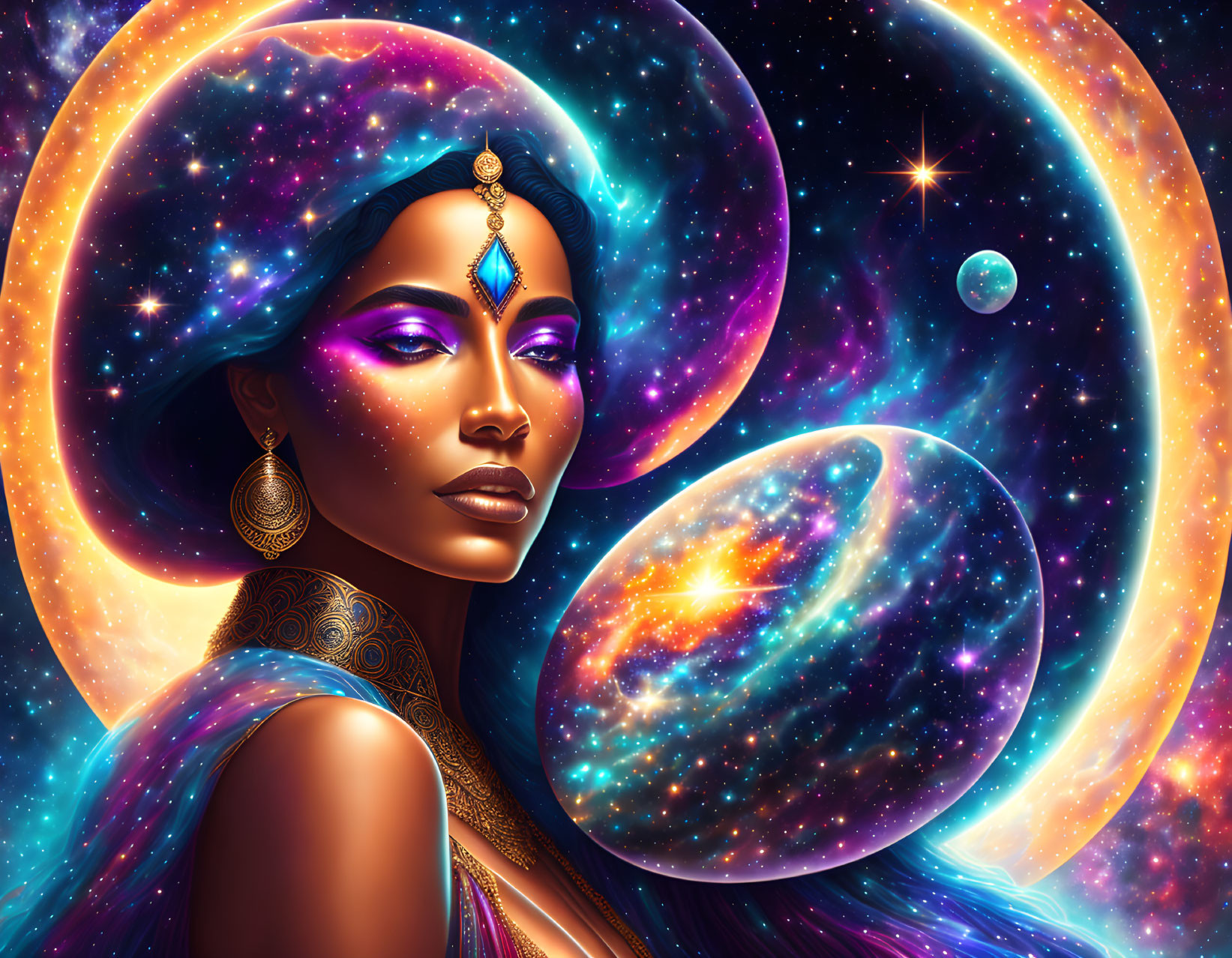 Cosmic-themed digital artwork: Woman with galaxies, stars, and celestial jewelry.