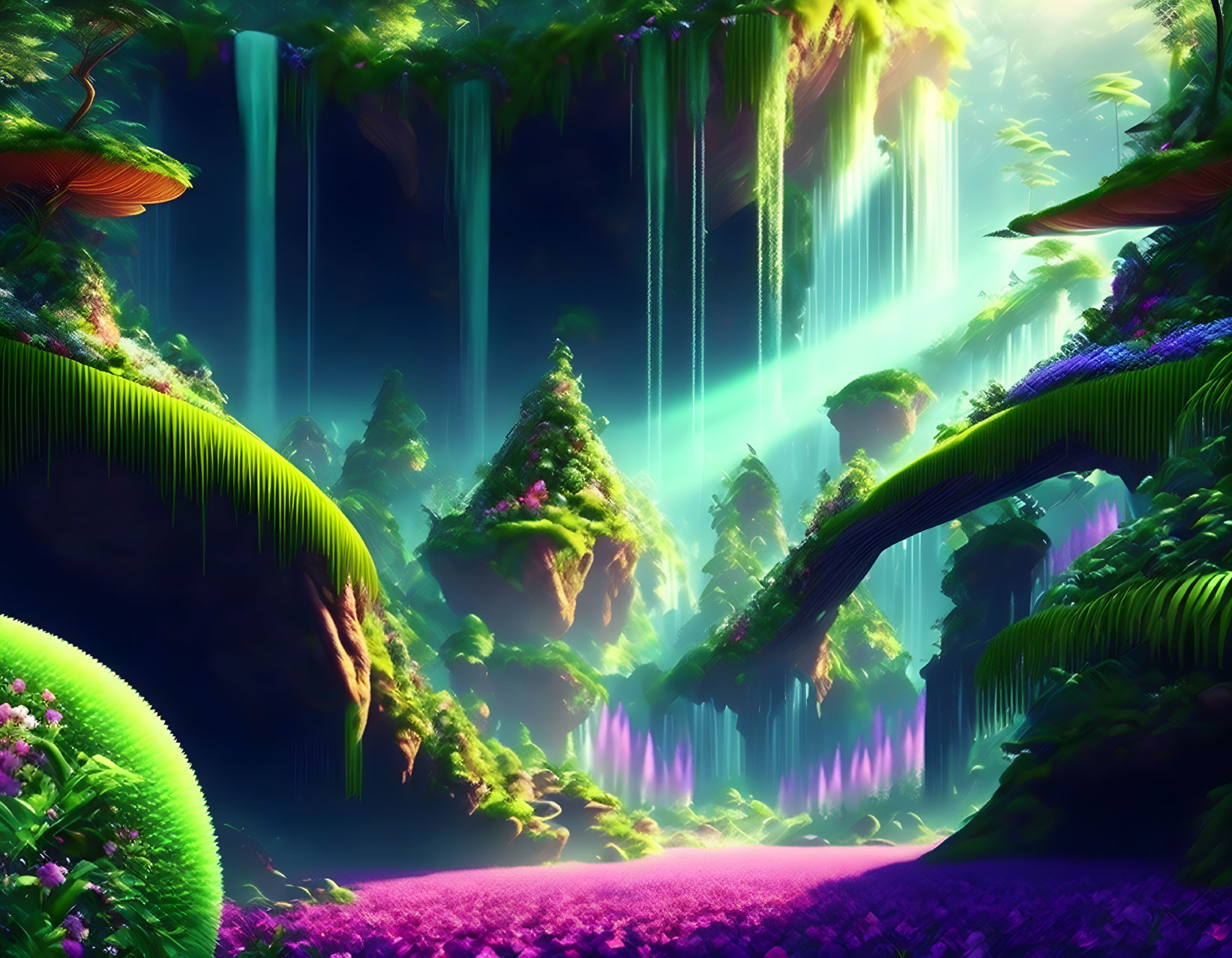 Fantasy landscape with glowing waterfalls, floating islands, lush vegetation