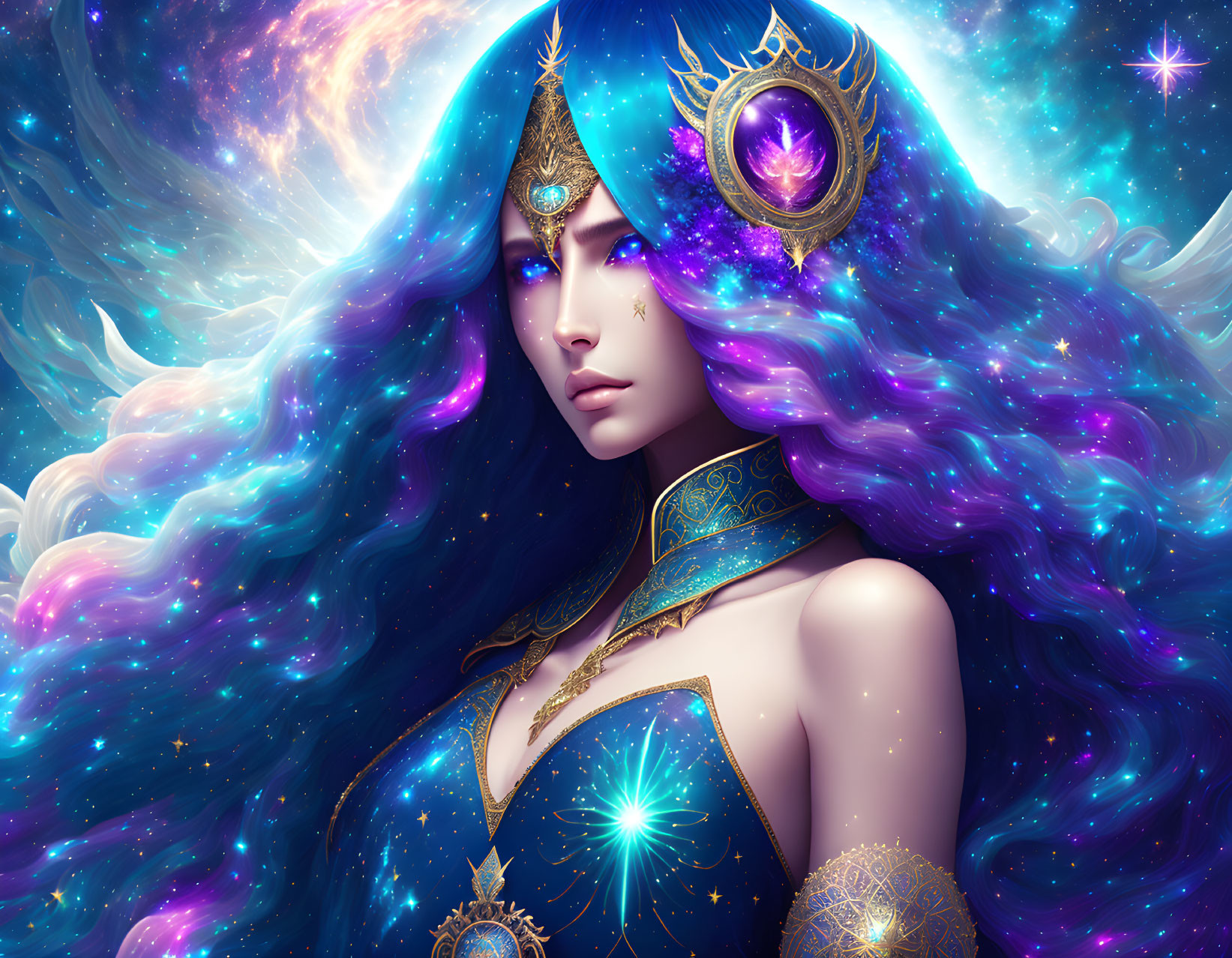 Fantasy illustration of woman with cosmic hair in gold and purple adornments