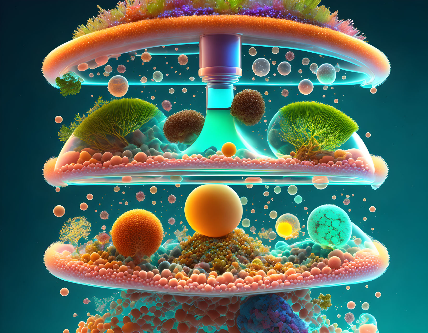 Vibrant ecosystem cross-section with floating layers and diverse flora