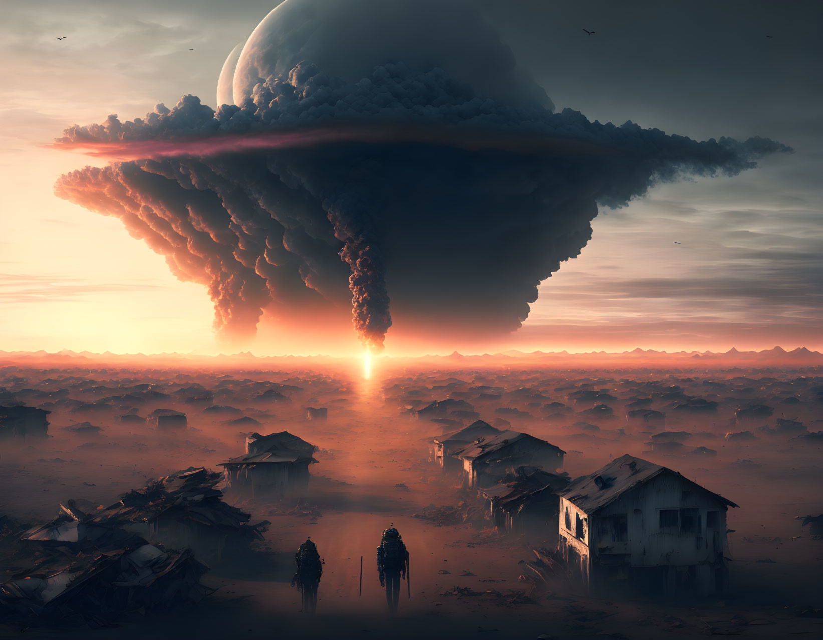 Surreal landscape with figures, dilapidated houses, and massive planet