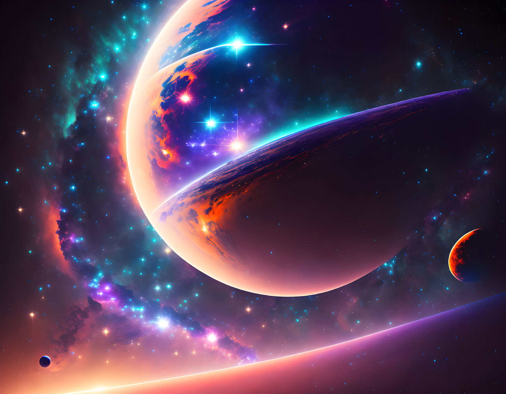 Colorful cosmic scene with planets, rings, and stars.