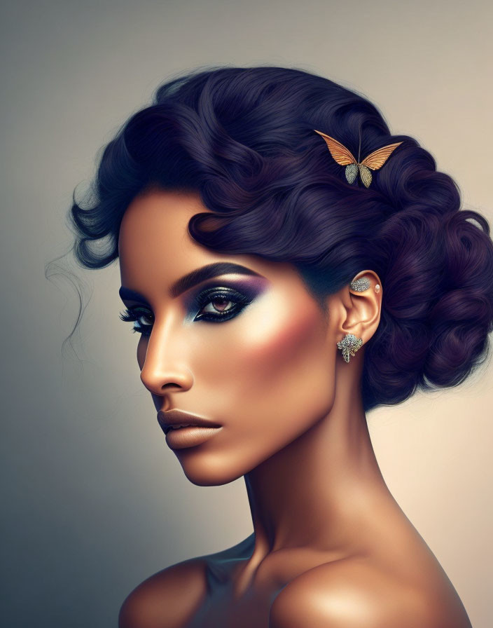 Illustrated woman with styled hair, dramatic makeup, and butterfly hairpin.