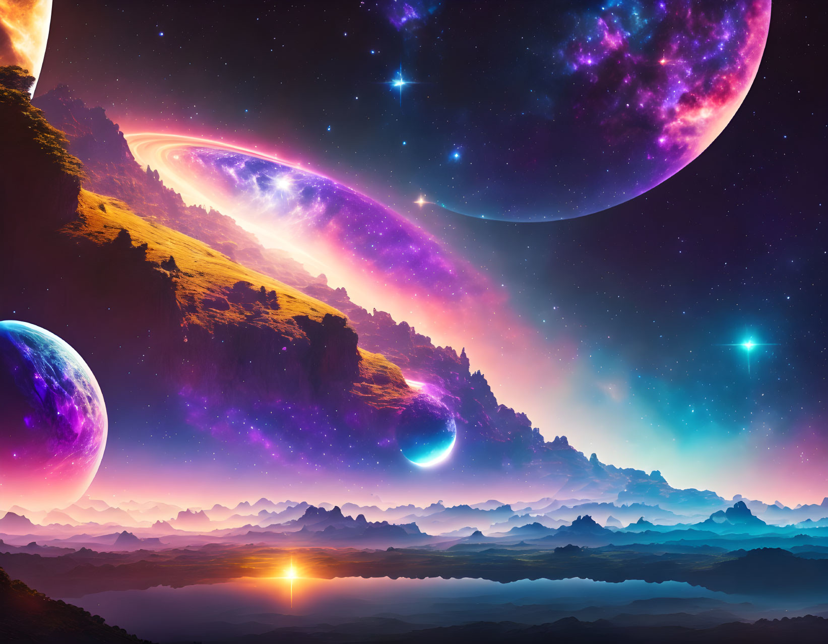 Colorful cosmic landscape with purple planet, galaxy, stars, and sun in rocky terrain