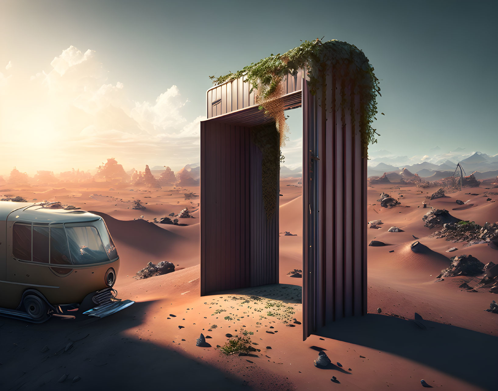 Retro-futuristic vehicle by towering door in desert landscape