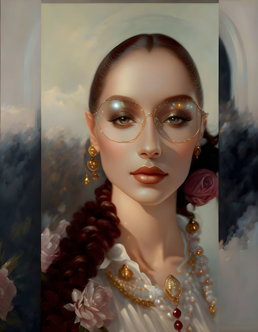 Illustrated portrait of woman with braided hair and gold accessories in cloud and flower setting