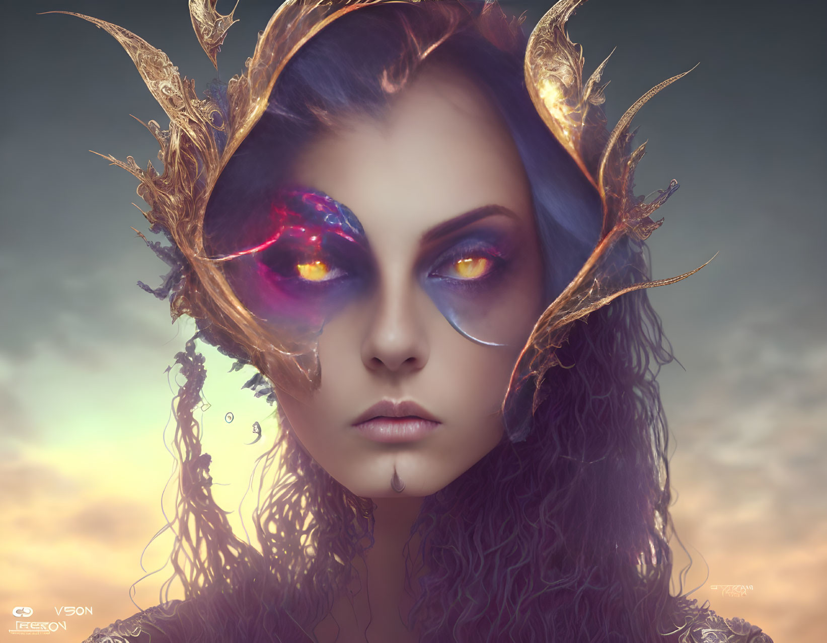 Fantasy portrait of a woman with horn-like embellishments and vibrant eyes