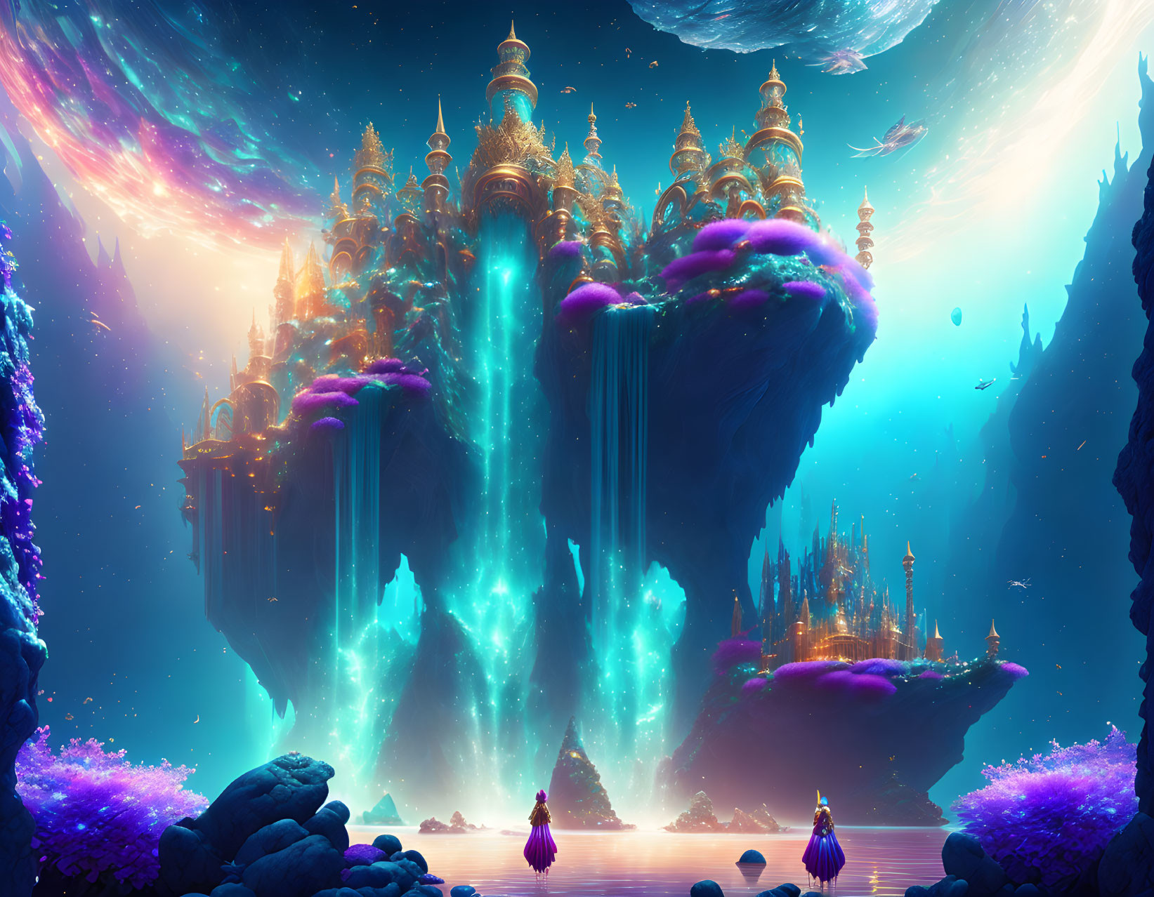 Fantastical floating city with waterfalls, glowing plants, and flying ships