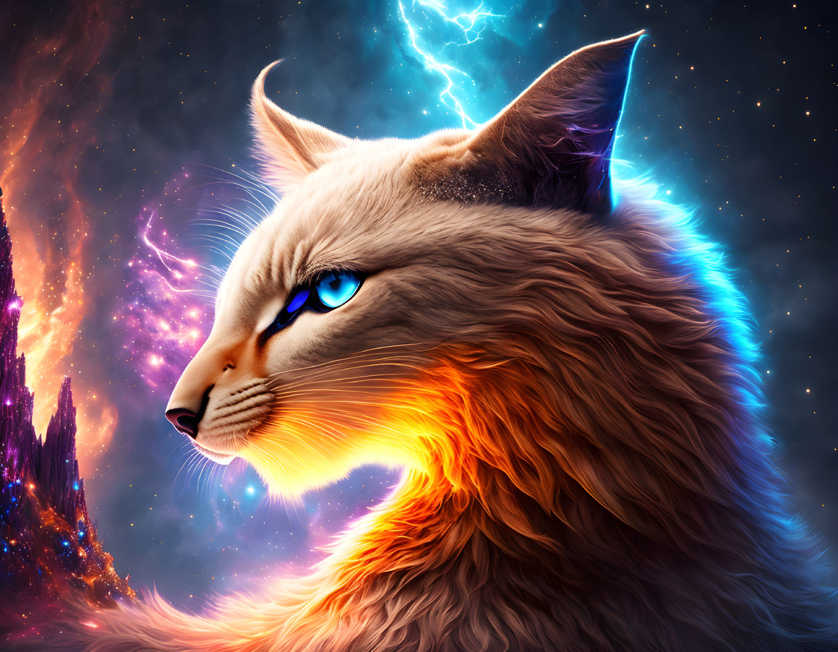 Cosmic-themed digital artwork: Glowing blue-eyed cat in fiery orange fur