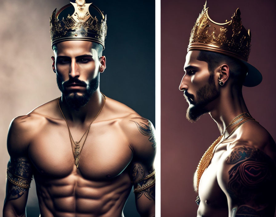 Bearded man with tattoos and crown in regal pose portrait.