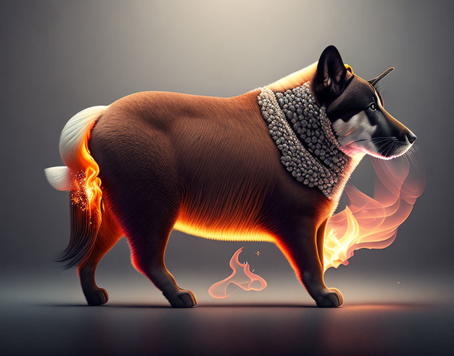 Illustration of stylized dog with fiery tail & glowing ember effect, pearl collar, horned head