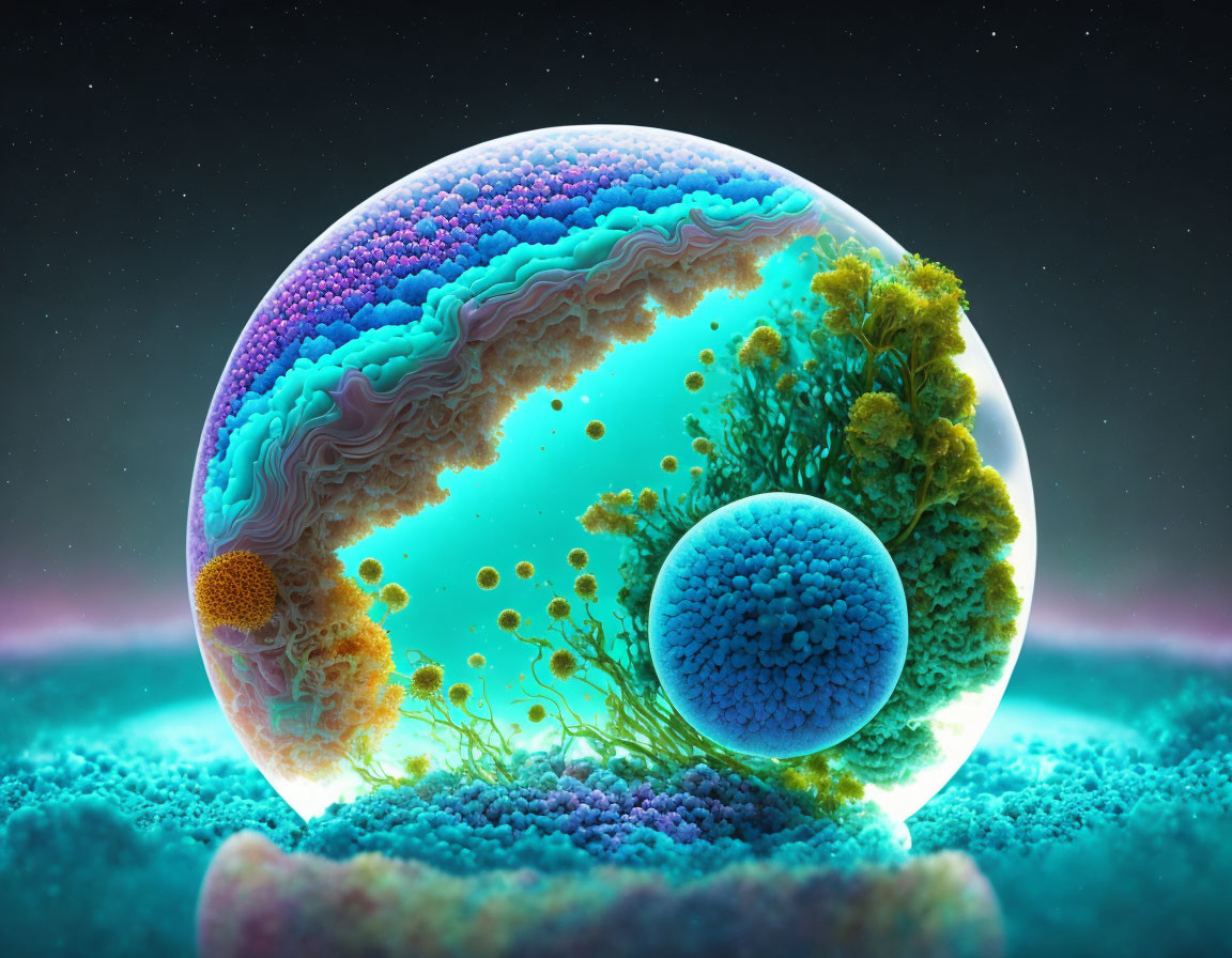 Digital Artwork: Bio-organic spheres with coral-like textures under starry sky