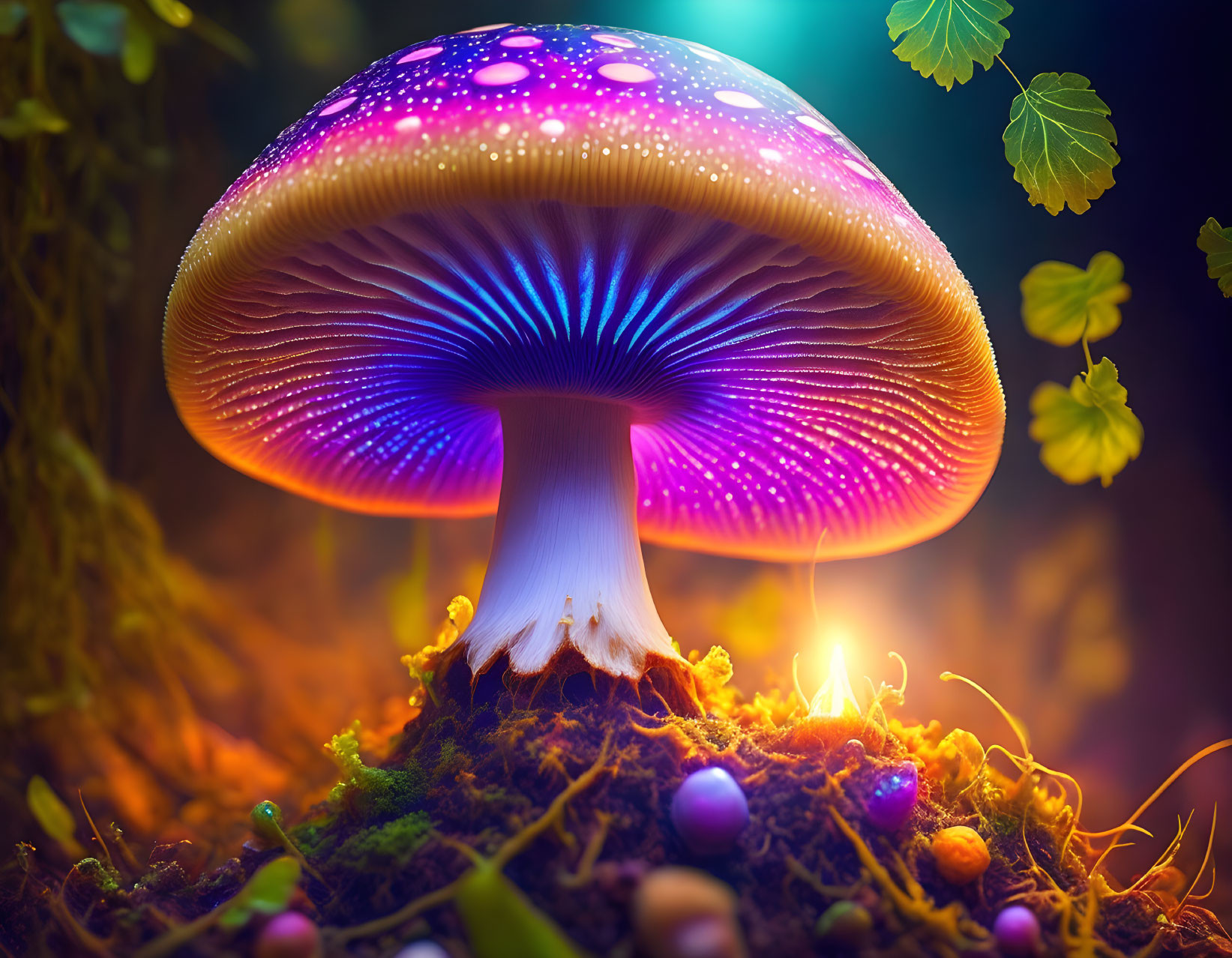 Bioluminescent purple and blue mushroom in forest ambiance