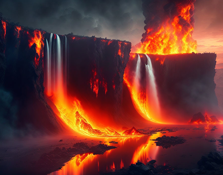 Surreal image of lava waterfalls in twilight sky