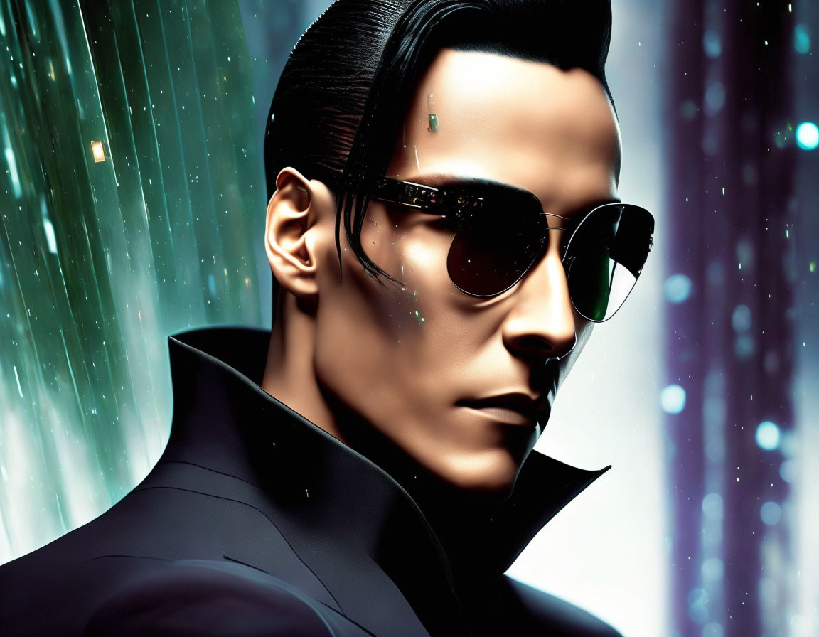 Stylized digital artwork of a man in trench coat with slicked-back hair