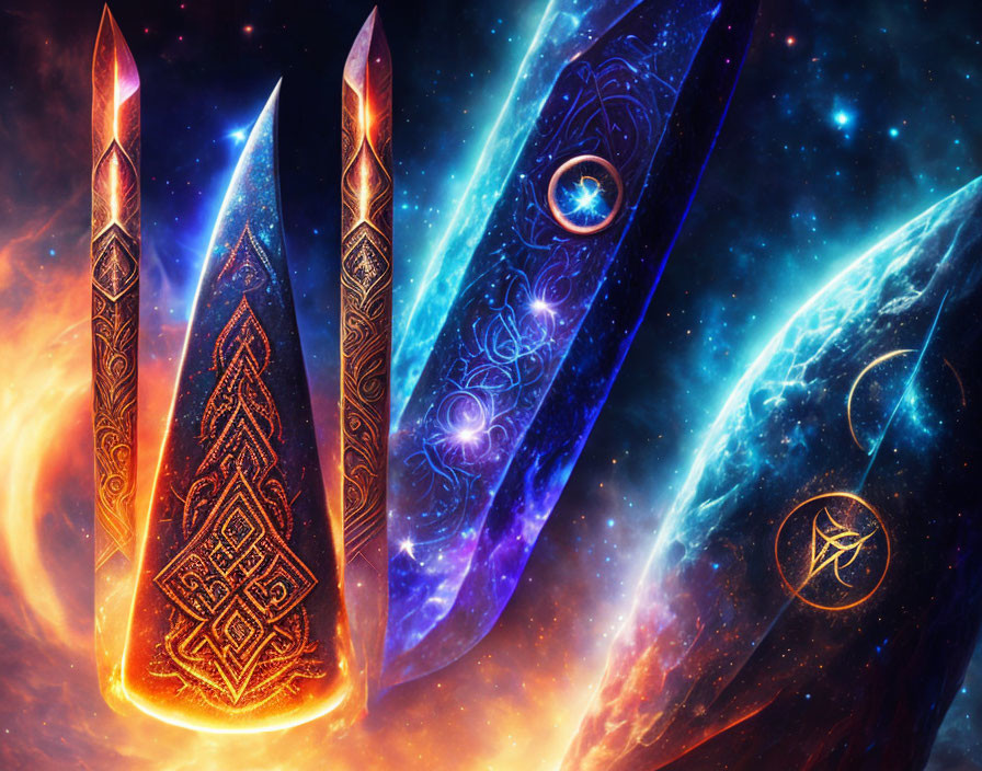 Four Glowing Swords in Space with Celestial Bodies