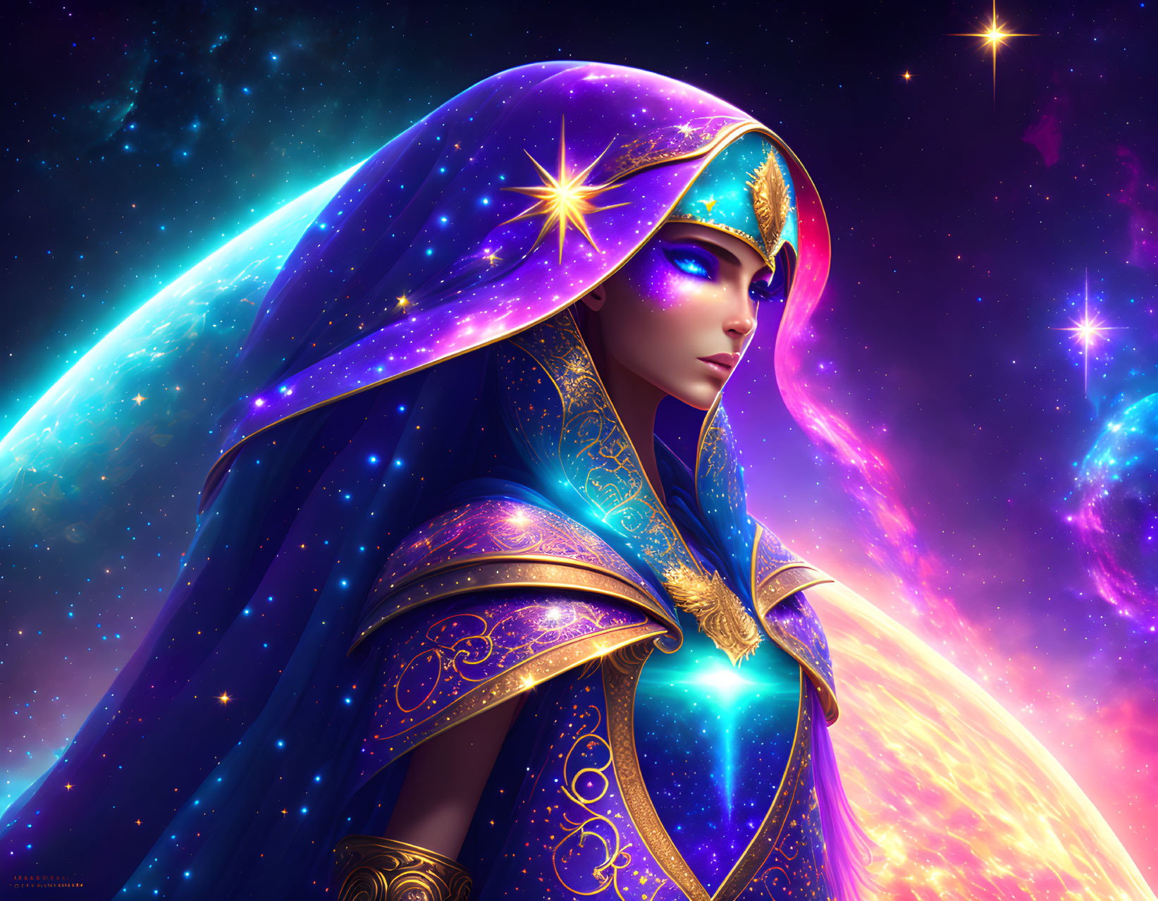 Illustrated cosmic-themed female figure with starry cloak and golden headdress in vibrant colors against nebula