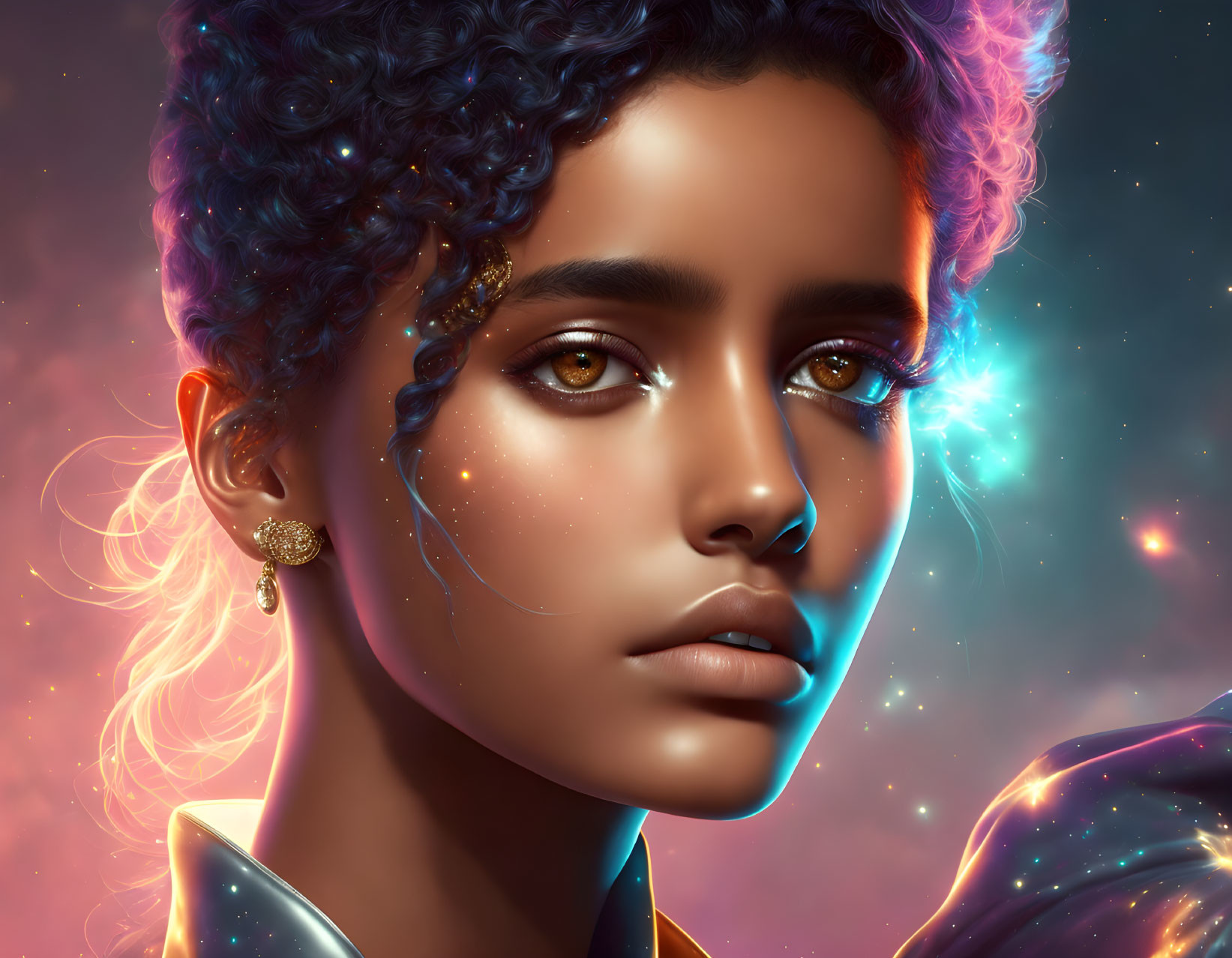 Digital portrait of woman with glowing skin and cosmic makeup on starry background