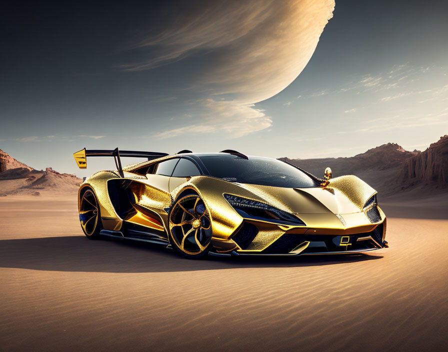 Golden sports car with large rear wing in desert under dramatic moon