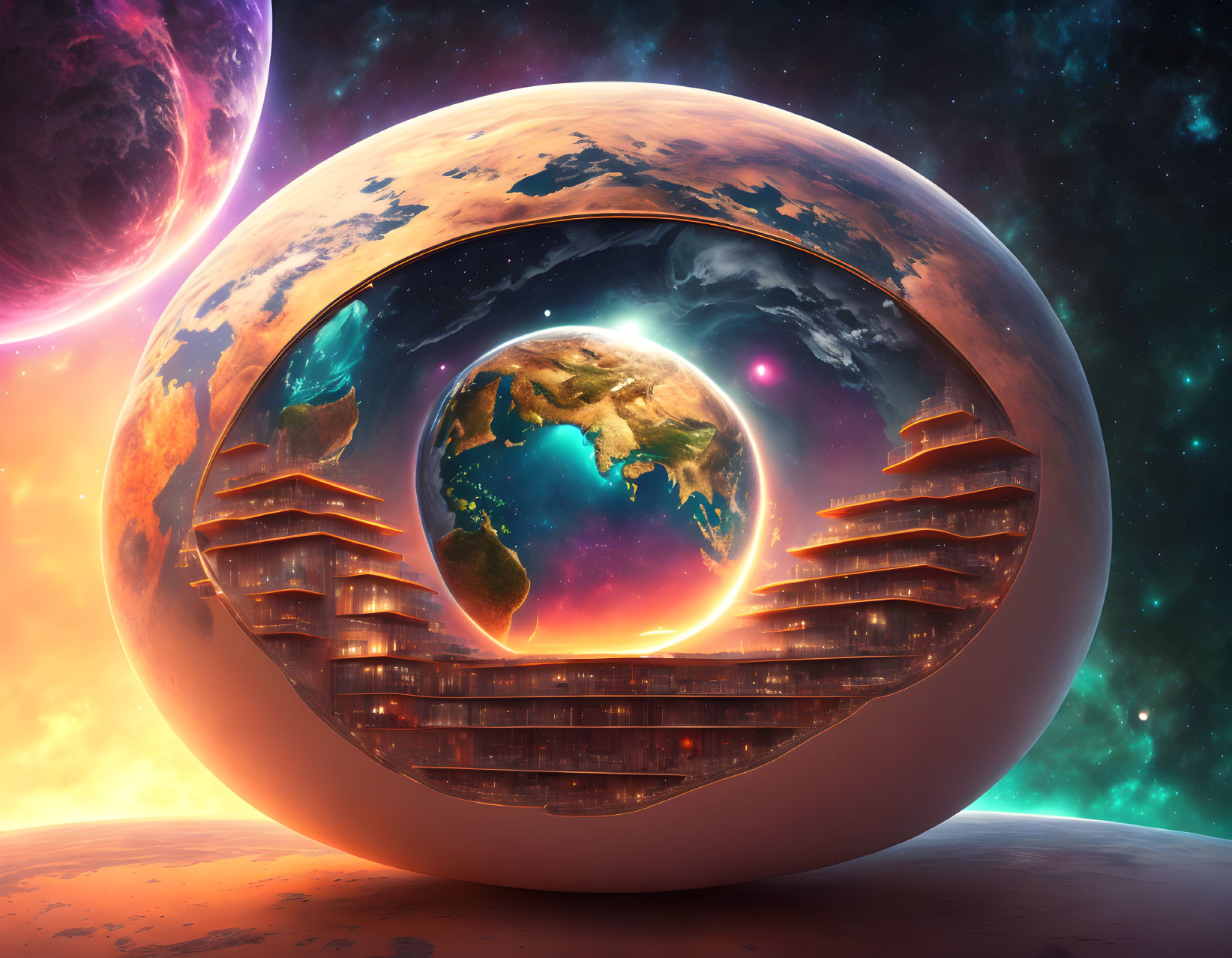 Futuristic city in spherical structure with cosmic backdrop.