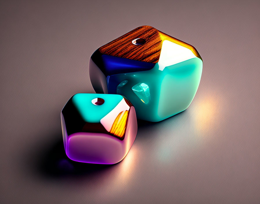 Colorful glossy dice with wood and glass textures on reflective surface