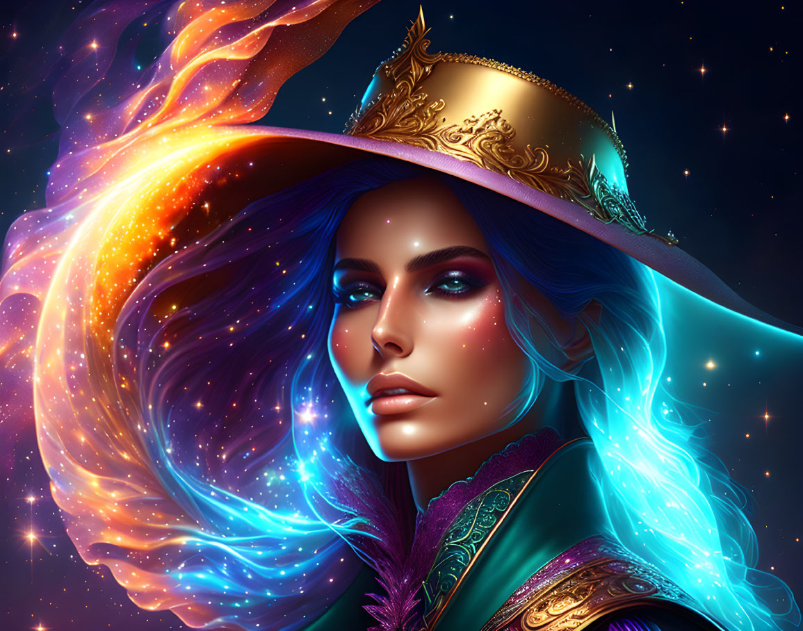 Blue-skinned woman with galaxy hair and golden hat in starry setting