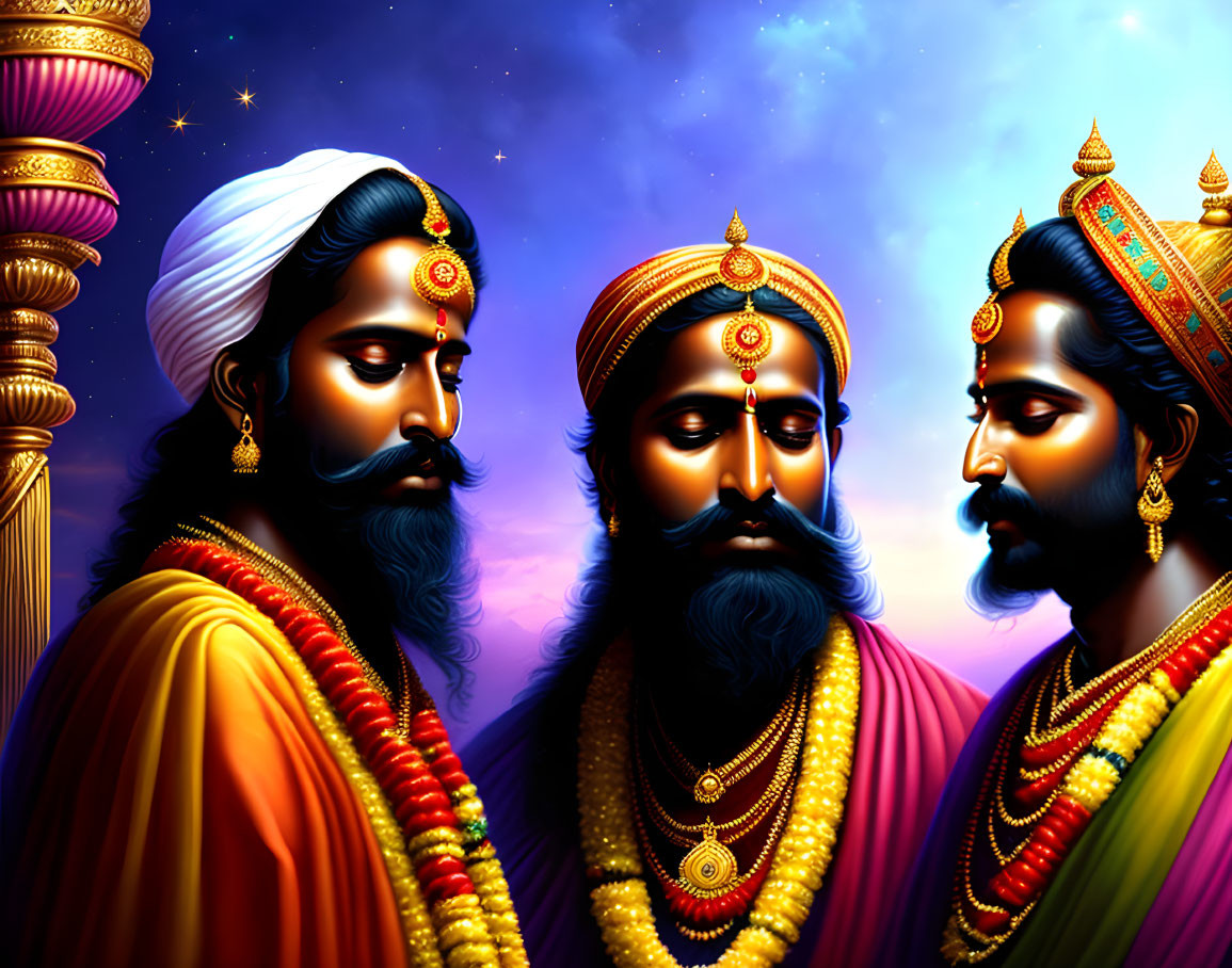 Illustrated Indian mythological characters in traditional attire against cosmic backdrop