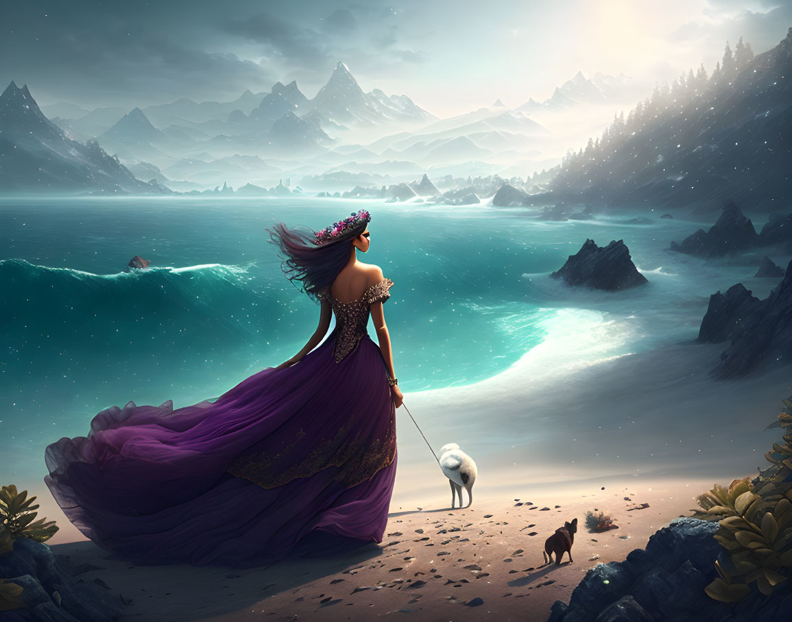 Woman in Purple Dress with Flower Crown and White Dog on Surreal Beachscape