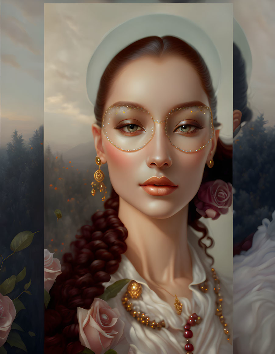 Woman with braided hairstyle, ornate glasses, earrings, roses, and dusk landscape portrait.