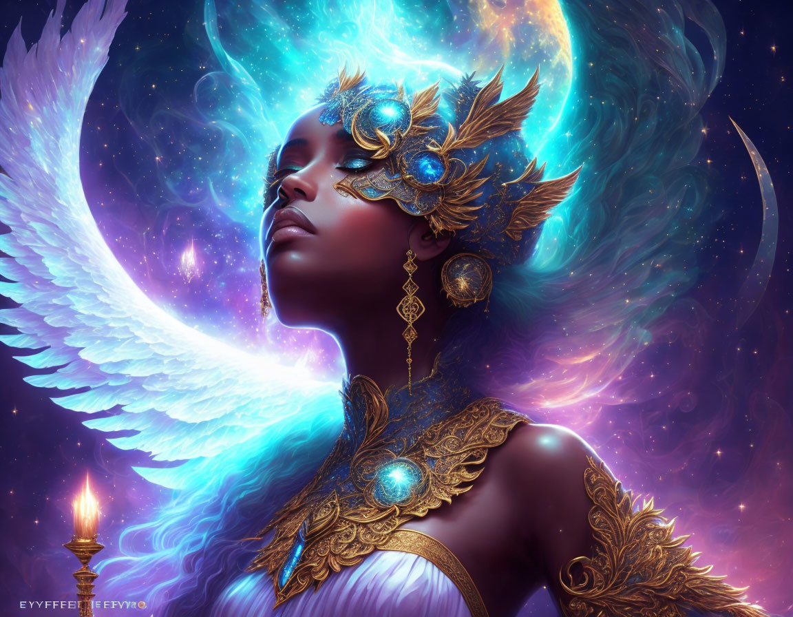 Fantasy portrait of woman with dark skin in celestial setting