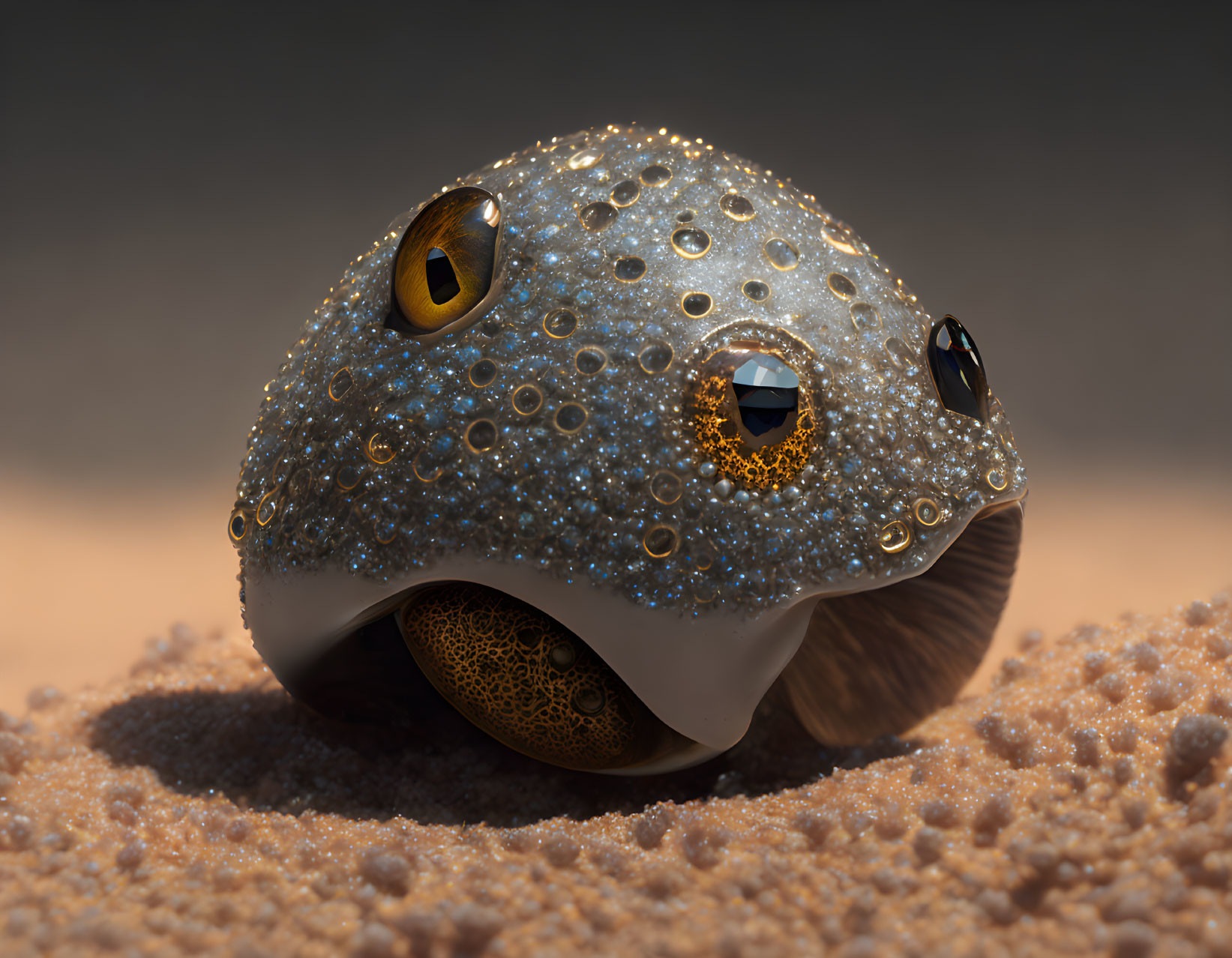 Jewel-encrusted golden shell with eye-like ornaments on sandy terrain