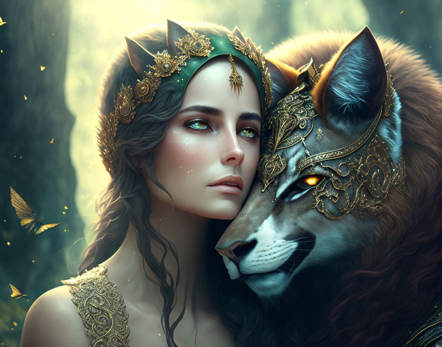 Woman with golden circlet and wolf in ornate mask in mystical forest ambiance.