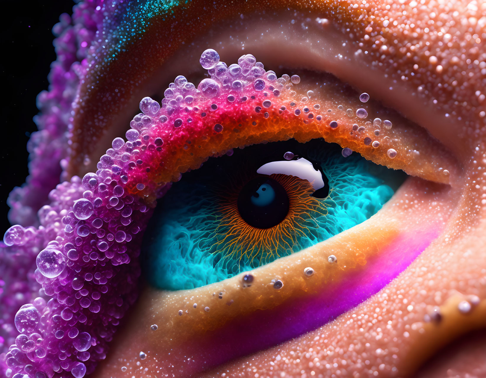 Vibrant multicolored makeup on human eye with water droplets