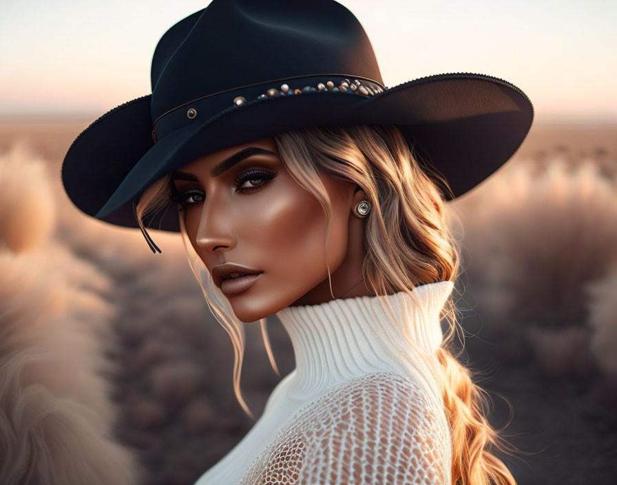 Woman with striking makeup in black hat and white turtleneck, gazing at sunset field.