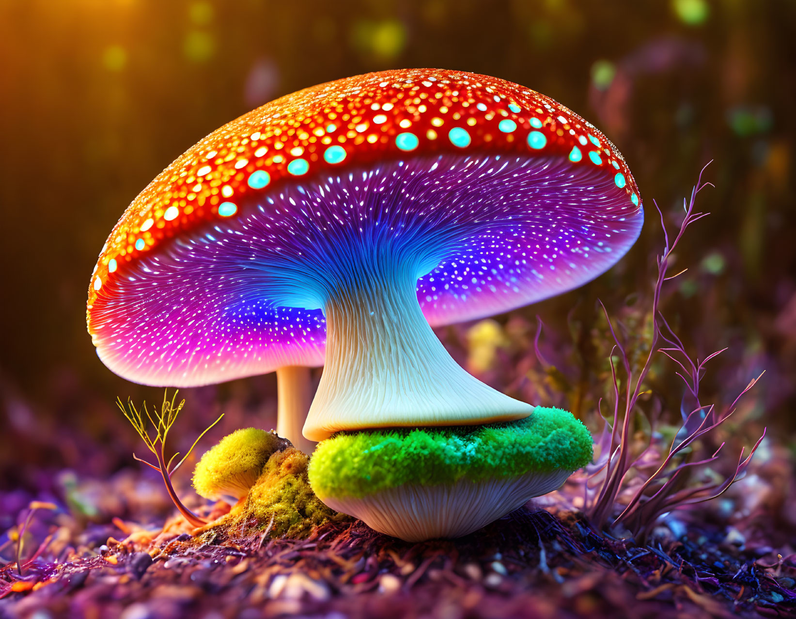 Vibrant red and dotted mushroom emitting blue light in forest.