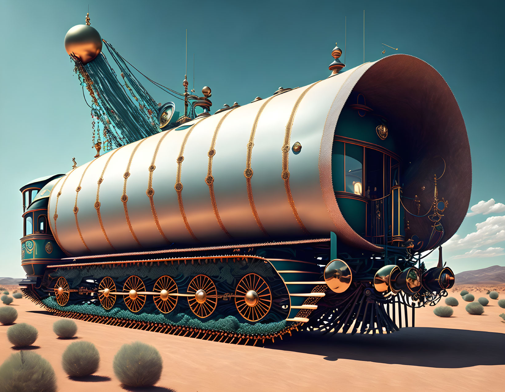 Steampunk-style locomotive in desert landscape under clear blue sky